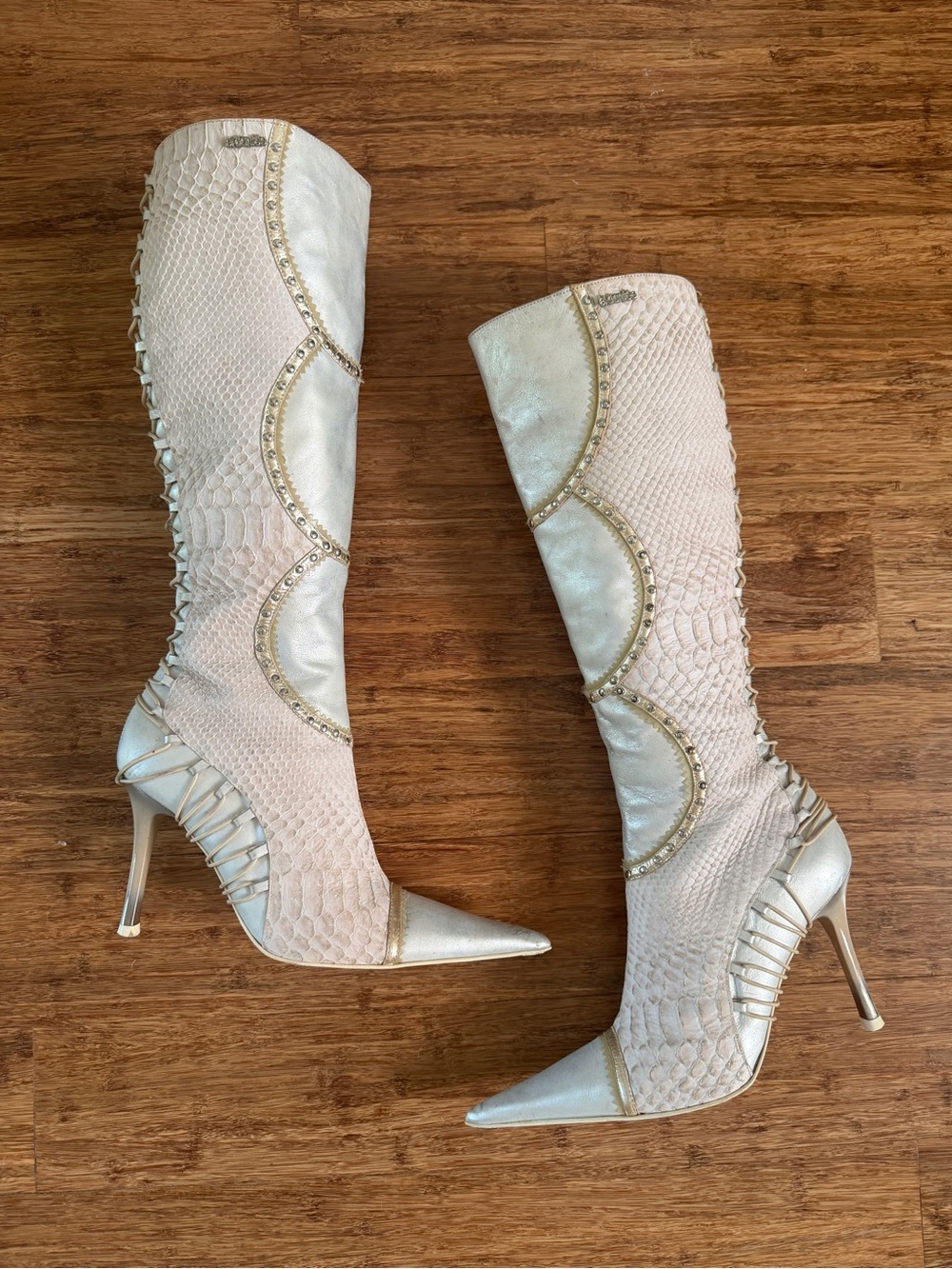 Metallic Ivory Pointed-Toe Stiletto Knee-High Boots